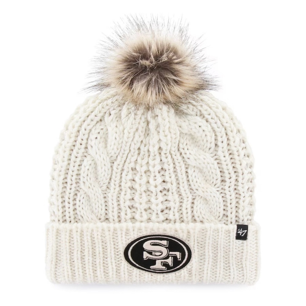 47 Women’s Ivory Cable Knit Beanie with Faux Fur Pom